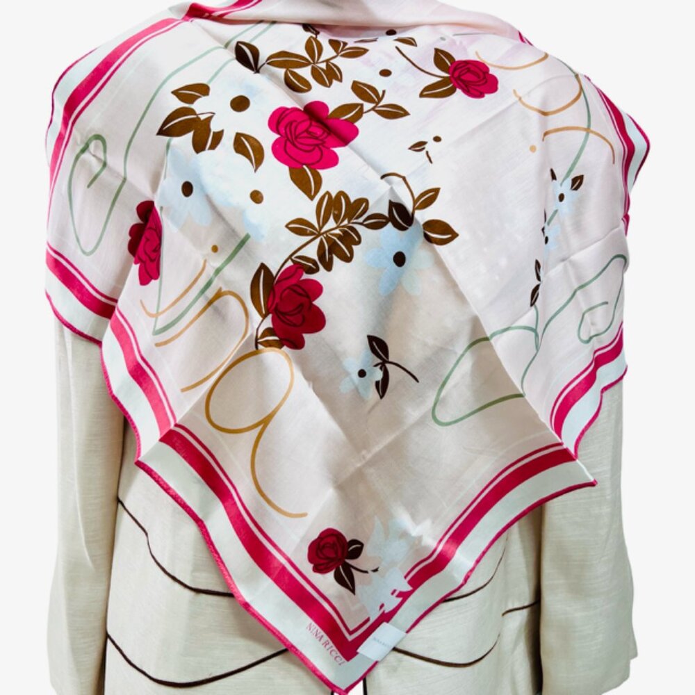New  tag on Nina Ricci  scarf cotton/silk 22" white pink floral (56)